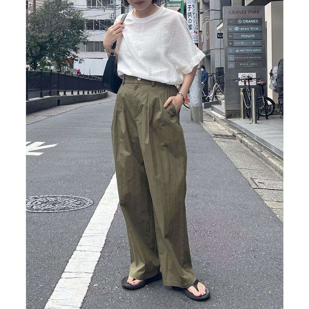 タックワイドパンツ リネン混ゆったりタックパンツ