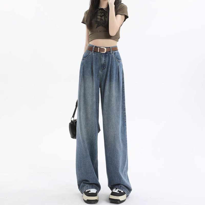 タックワイドパンツ ハイウエストルーズタックデニムパンツ