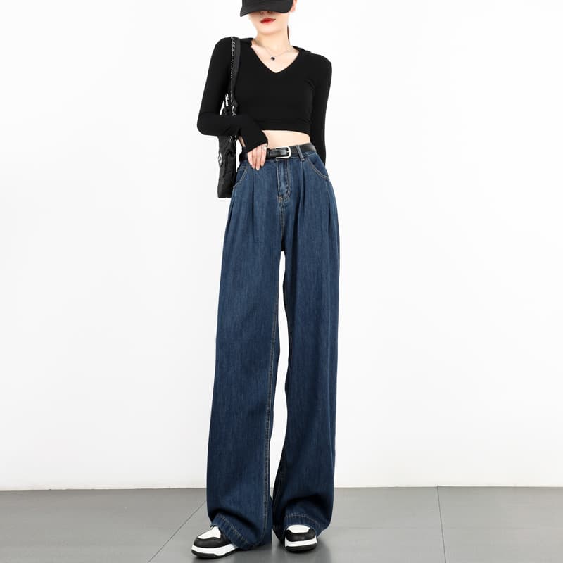 タックワイドパンツ ハイウエストルーズタックデニムパンツ