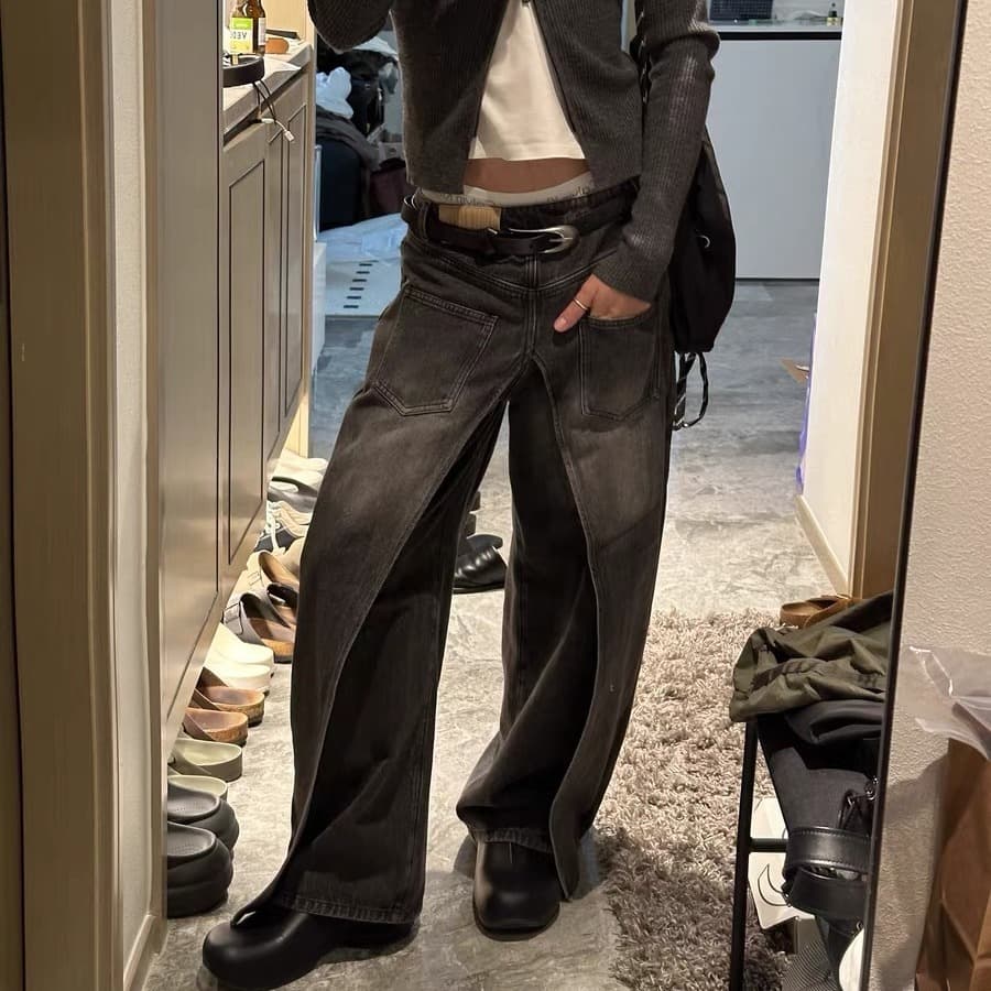 タックワイドパンツ デニムタック入りワイドストレートパンツ