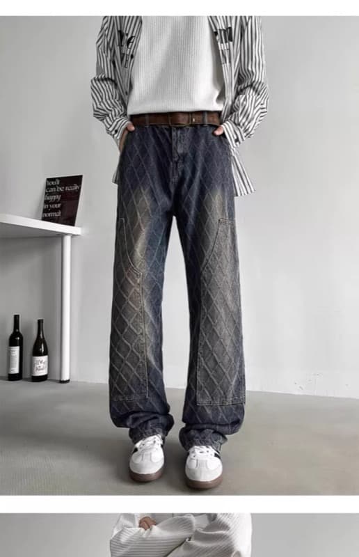 タックワイドパンツ 菱形柄 デニム ワイドパンツ タック入り メンズ