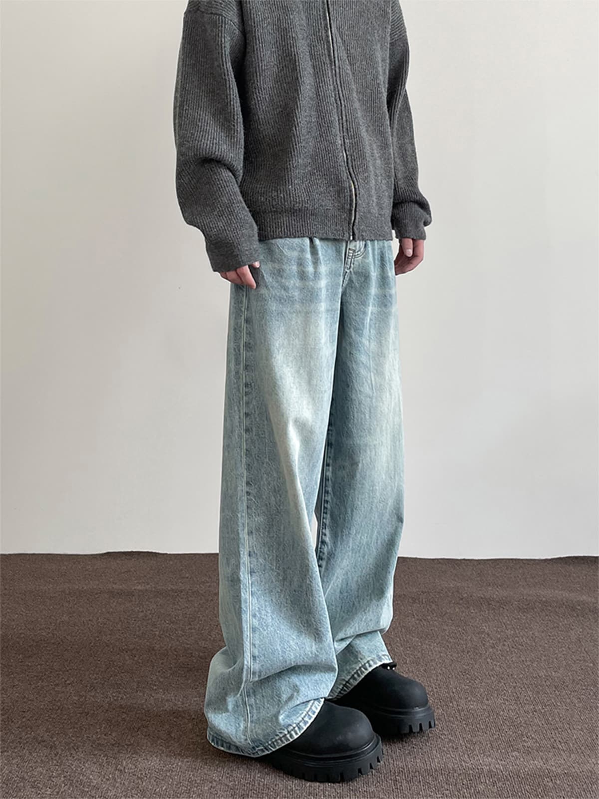 タックワイドパンツ ゆったりタック入りデニムパンツ