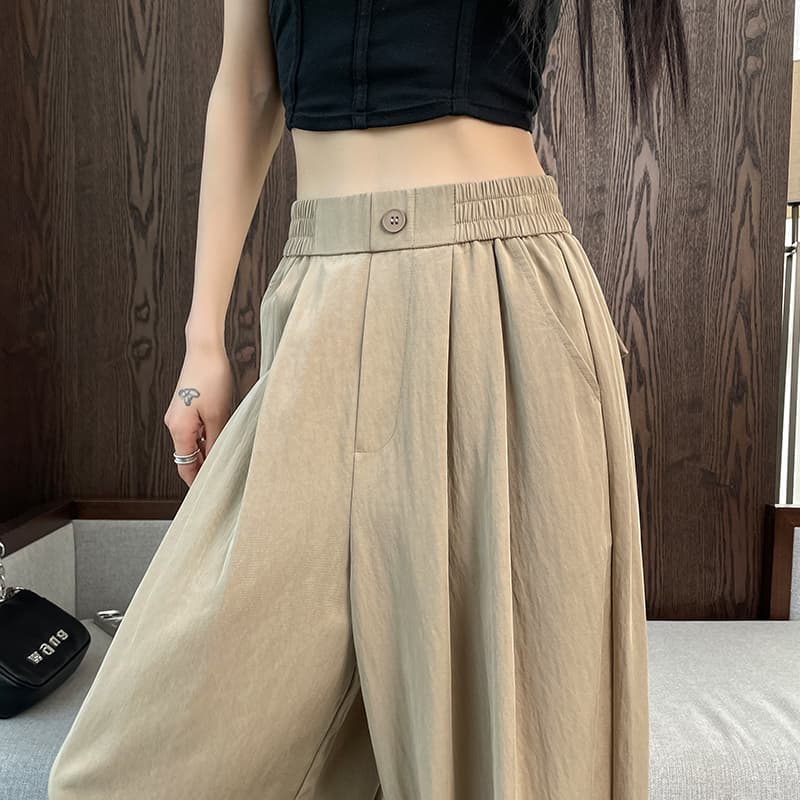タックワイドパンツ 麻混ゆったりロングタックパンツ