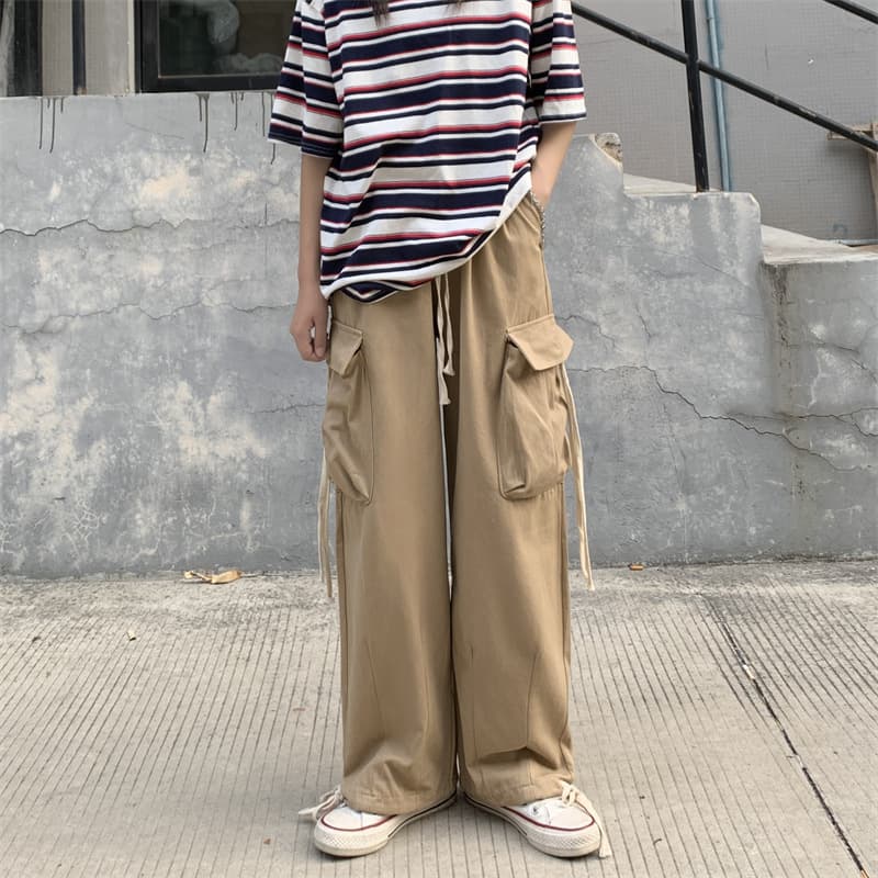 タックワイドパンツ ストレッチゆったりカーゴパンツ