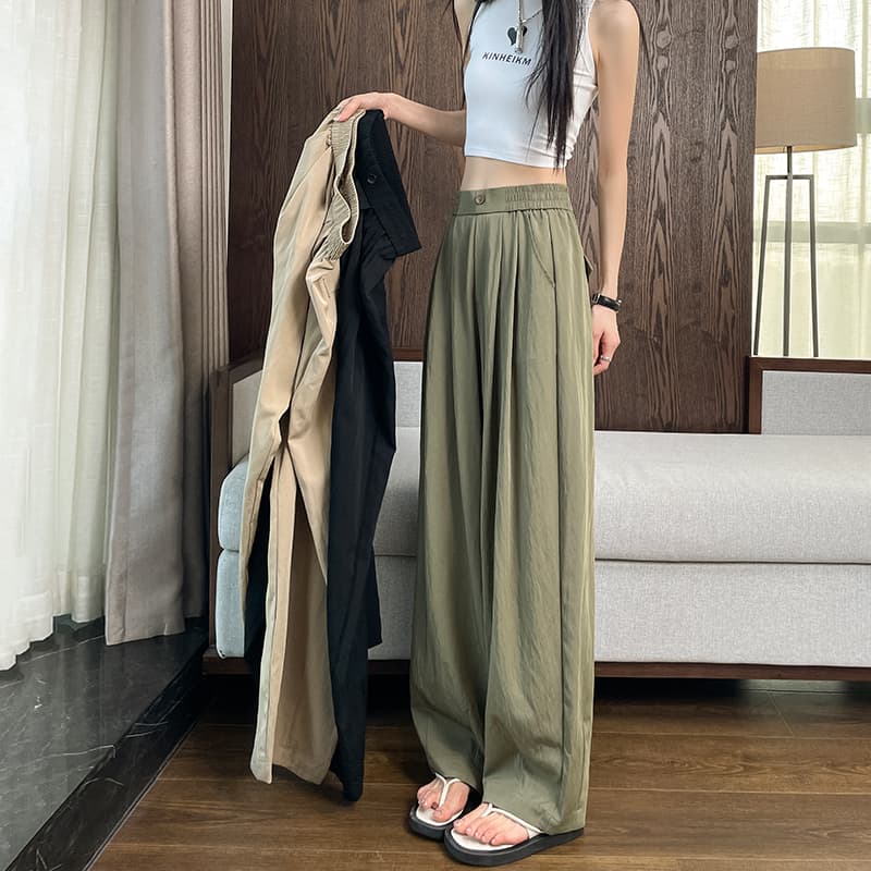 タックワイドパンツ 麻混ゆったりロングタックパンツ