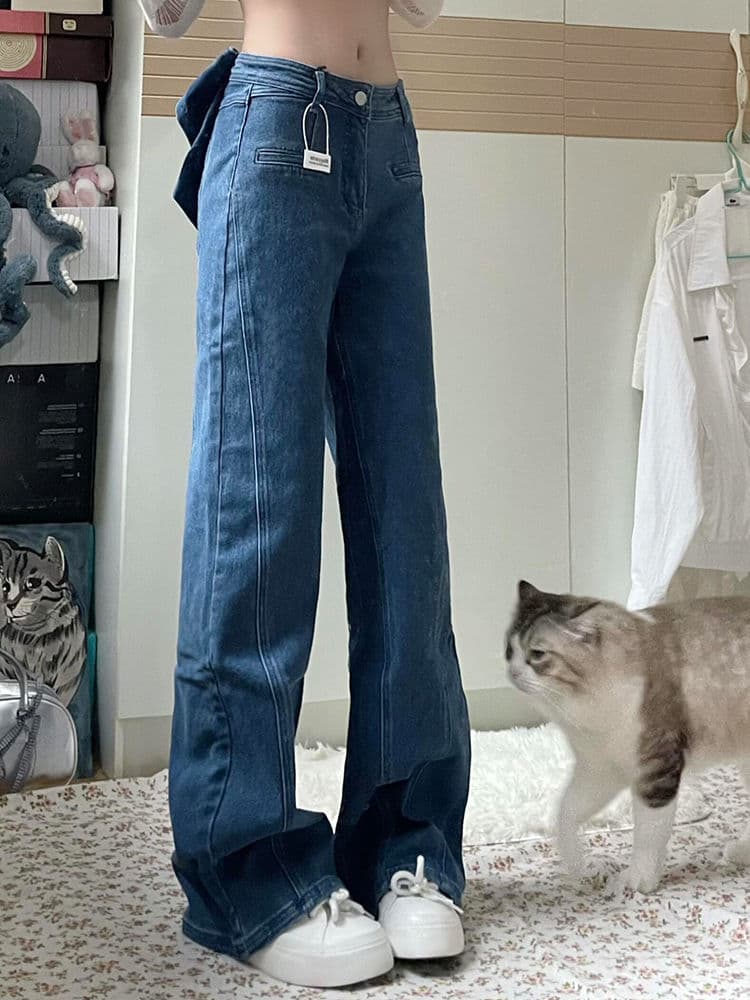 タックワイドパンツ バックリボンフレアデニムパンツ