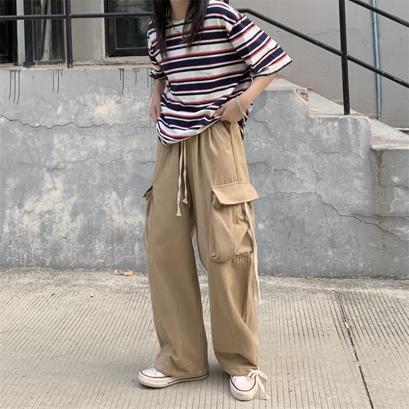 タックワイドパンツ ストレッチゆったりカーゴパンツ