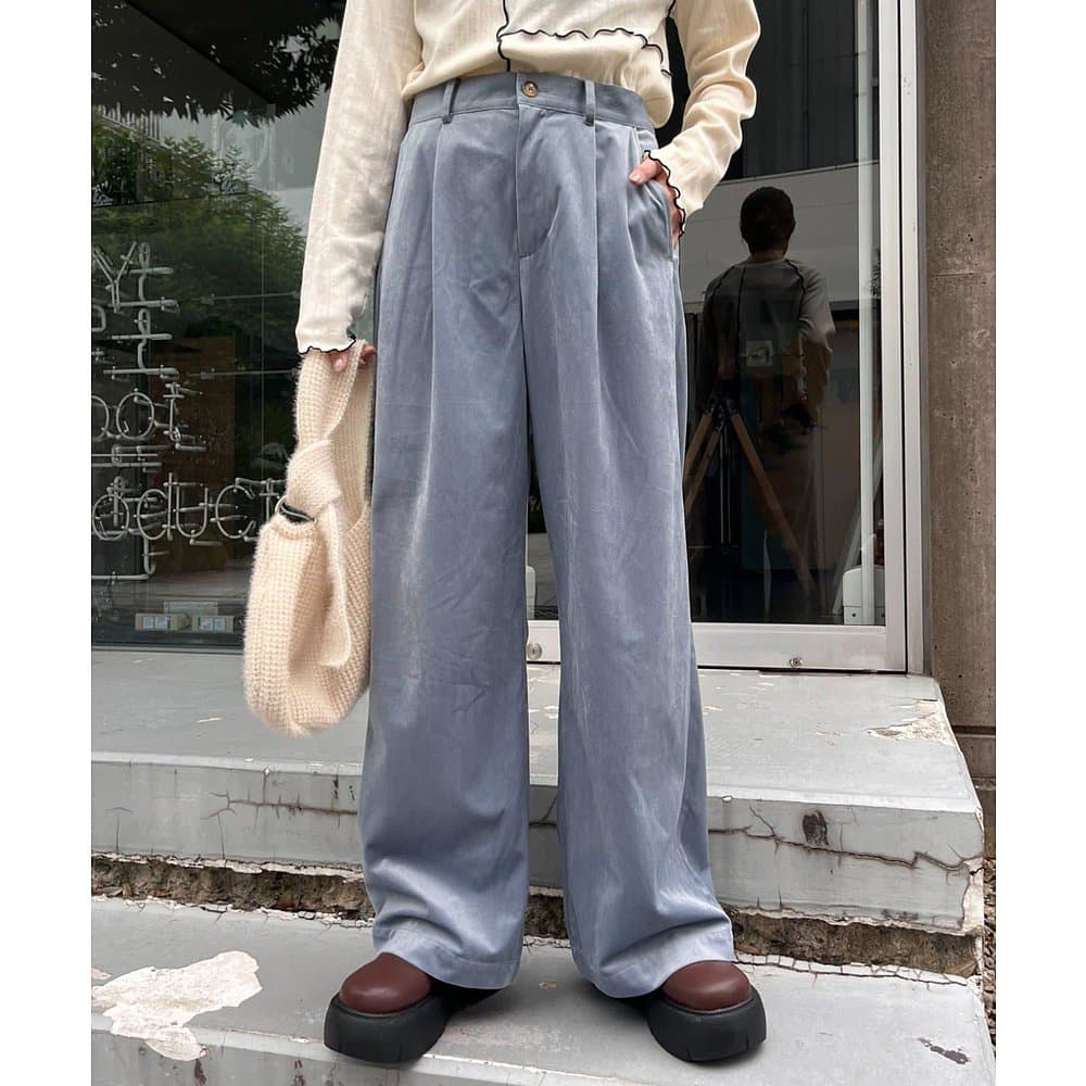タックワイドパンツ リネン混ゆったりタックパンツ