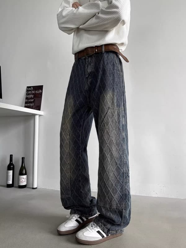タックワイドパンツ 菱形柄 デニム ワイドパンツ タック入り メンズ