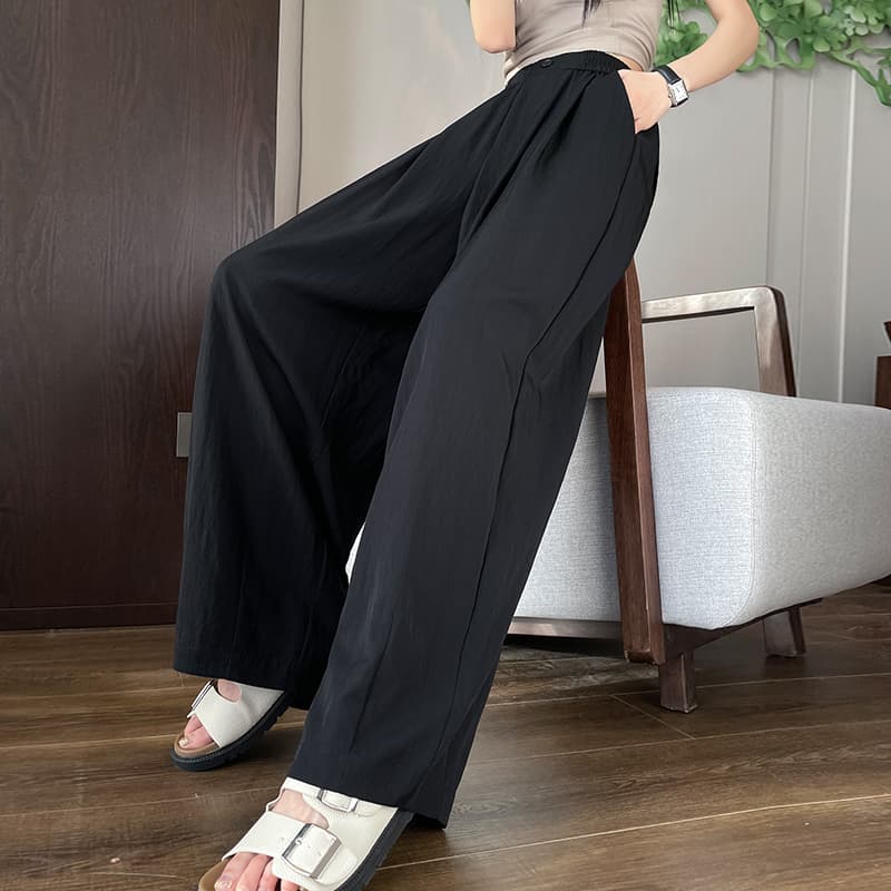 タックワイドパンツ 麻混ゆったりロングタックパンツ