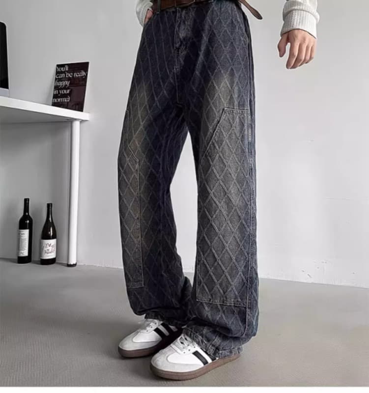 タックワイドパンツ 菱形柄 デニム ワイドパンツ タック入り メンズ