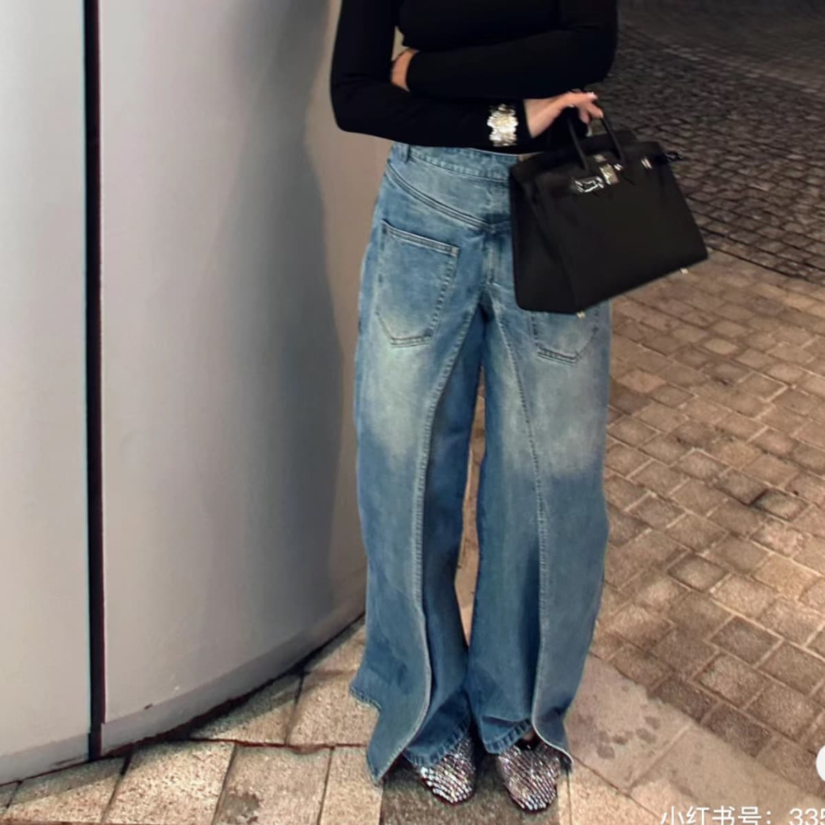 タックワイドパンツ デニムタック入りワイドストレートパンツ