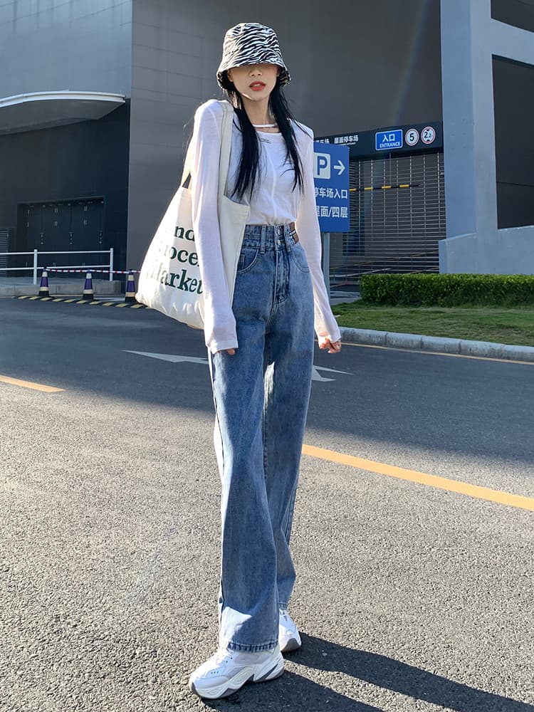 タックワイドパンツ ゆったりウエストカバーロングデニム