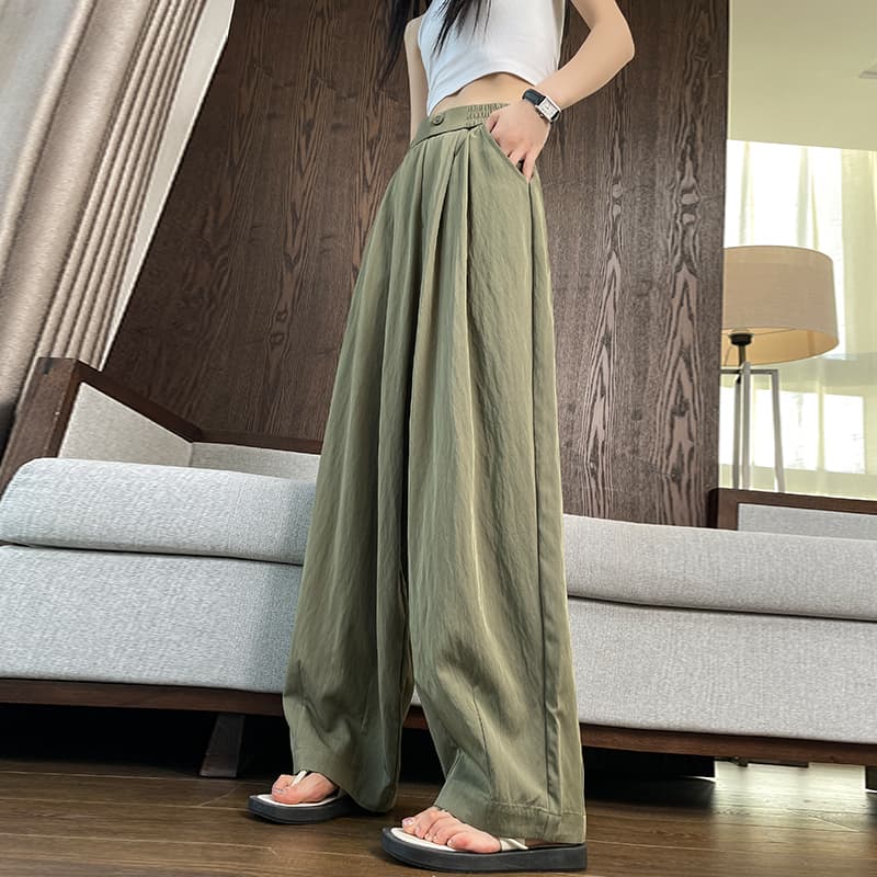 タックワイドパンツ 麻混ゆったりロングタックパンツ