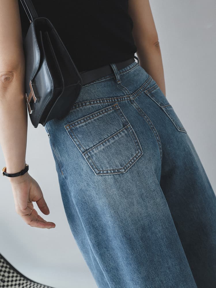 タックワイドパンツ ゆったりタック入りデニムパンツ