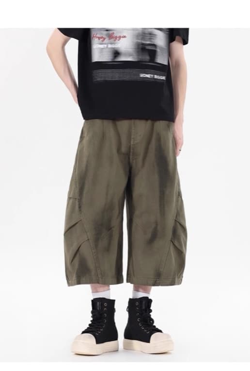 タックワイドパンツ デニム風 ワイド カーゴパンツ 7分丈 メンズ