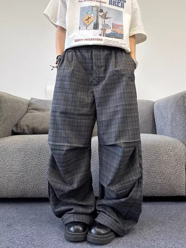 タックワイドパンツ 黒チェック柄 ワイドパンツ メンズ ゆったりタック