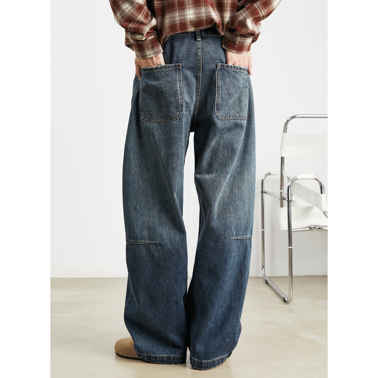 タックワイドパンツ ゆったりタック入りデニム作業着