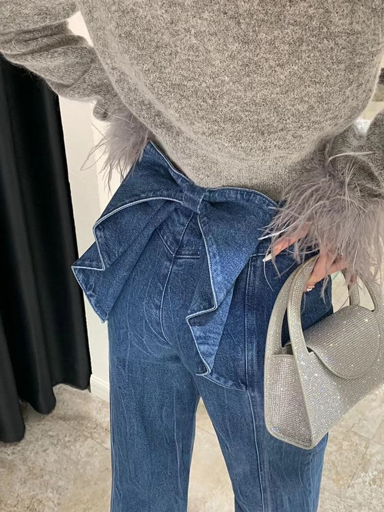 タックワイドパンツ バックリボンフレアデニムパンツ