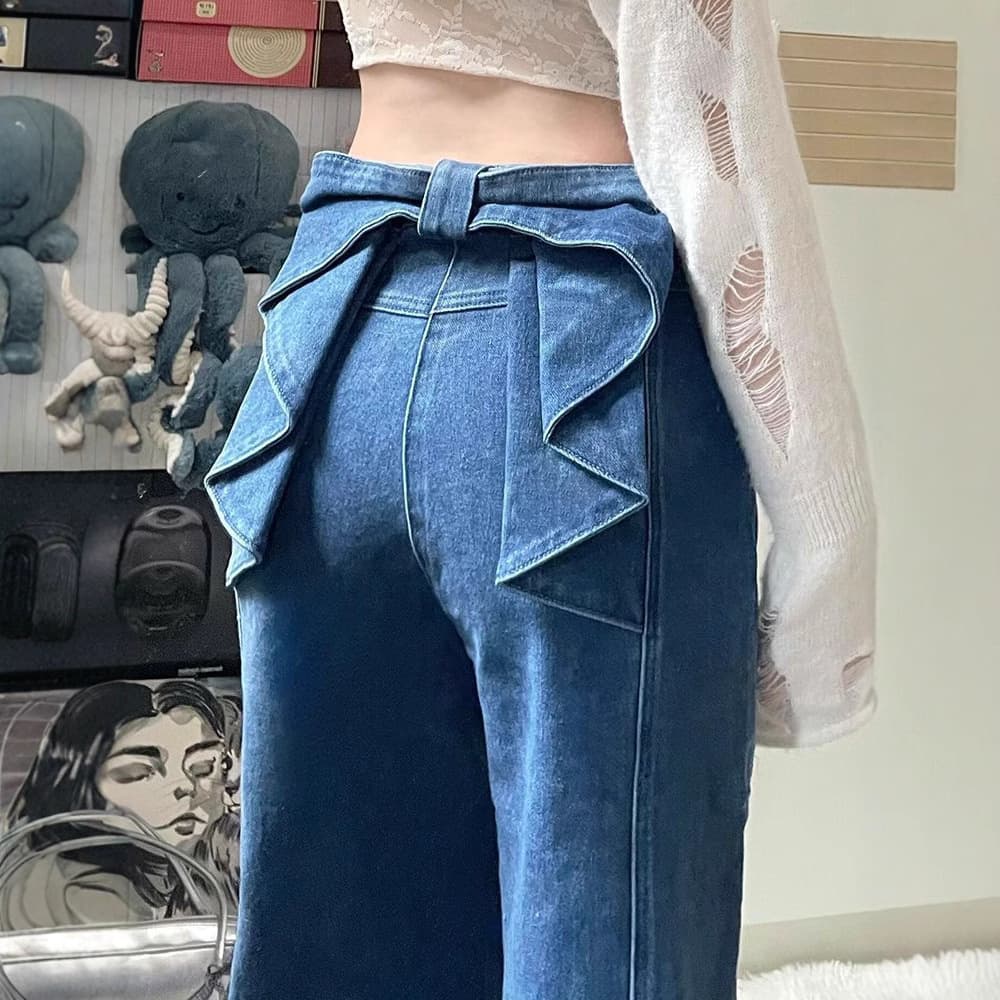 タックワイドパンツ バックリボンフレアデニムパンツ