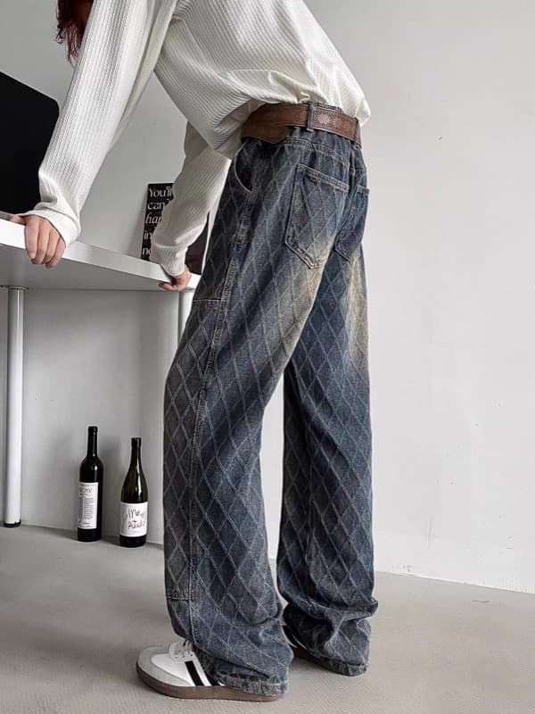 タックワイドパンツ 菱形柄 デニム ワイドパンツ タック入り メンズ