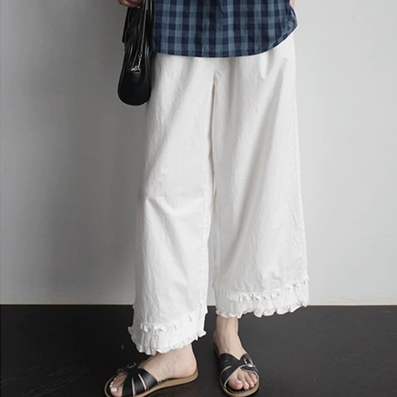 タックワイドパンツ 裾フリル ゆったりタック入りパンツ
