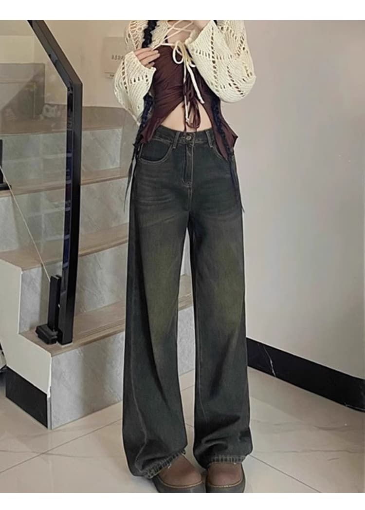 タックワイドパンツ すっきりシルエット ワイドデニムパンツ
