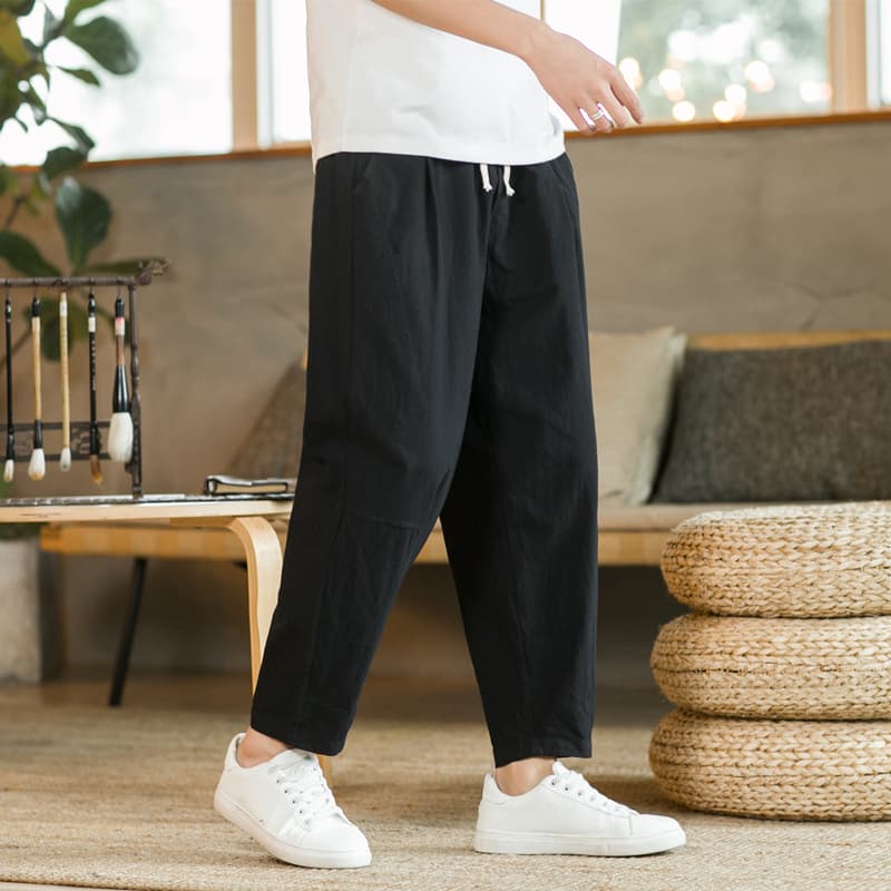 タックワイドパンツ ゆったりリネンタックパンツ