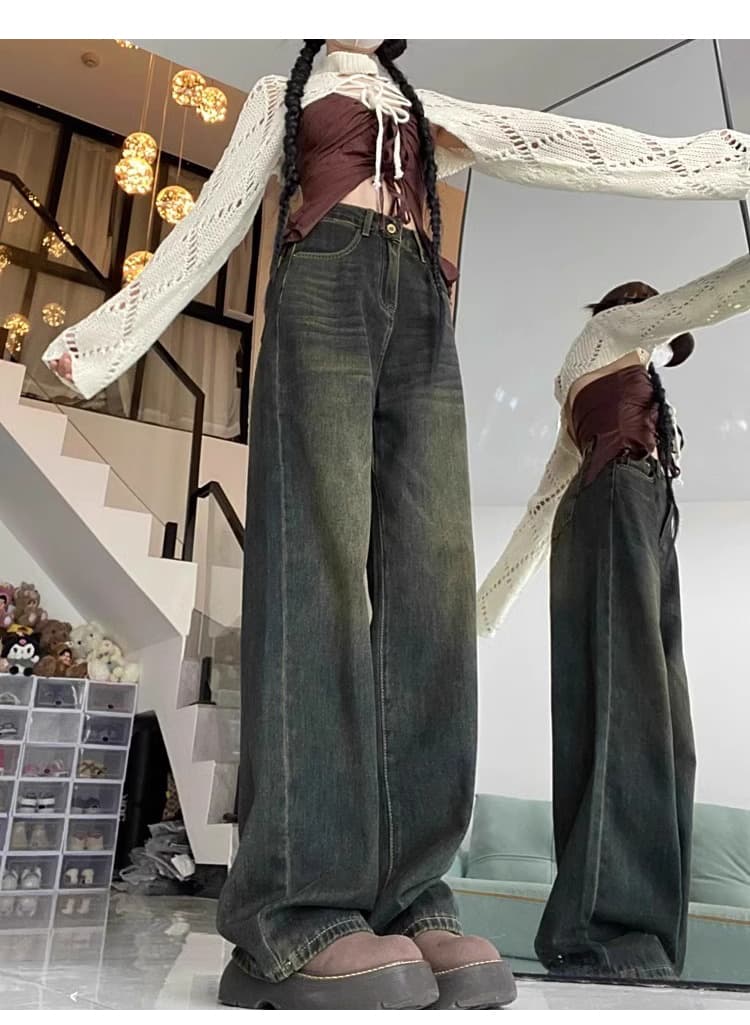 タックワイドパンツ すっきりシルエット ワイドデニムパンツ