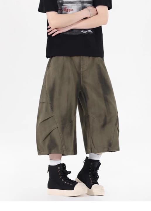 タックワイドパンツ デニム風 ワイド カーゴパンツ 7分丈 メンズ