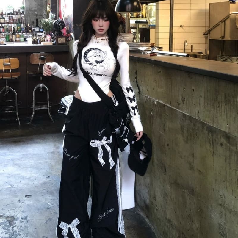 タックワイドパンツ リボン飾り ワイドデニム ストレートパンツ レディース
