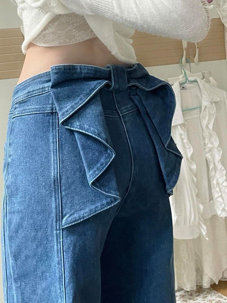 タックワイドパンツ バックリボンフレアデニムパンツ