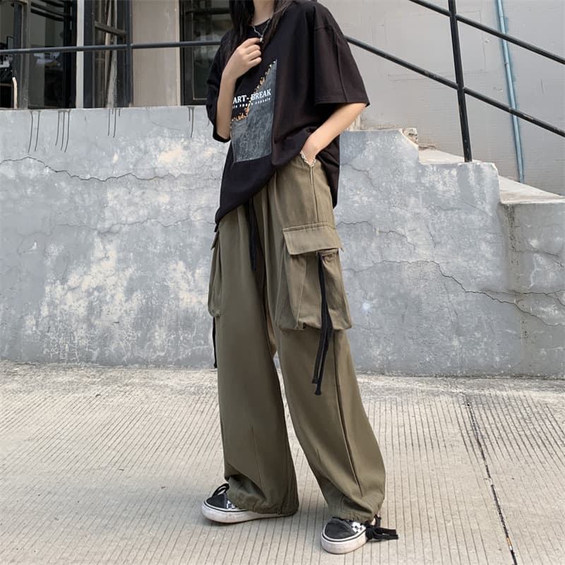 タックワイドパンツ ストレッチゆったりカーゴパンツ