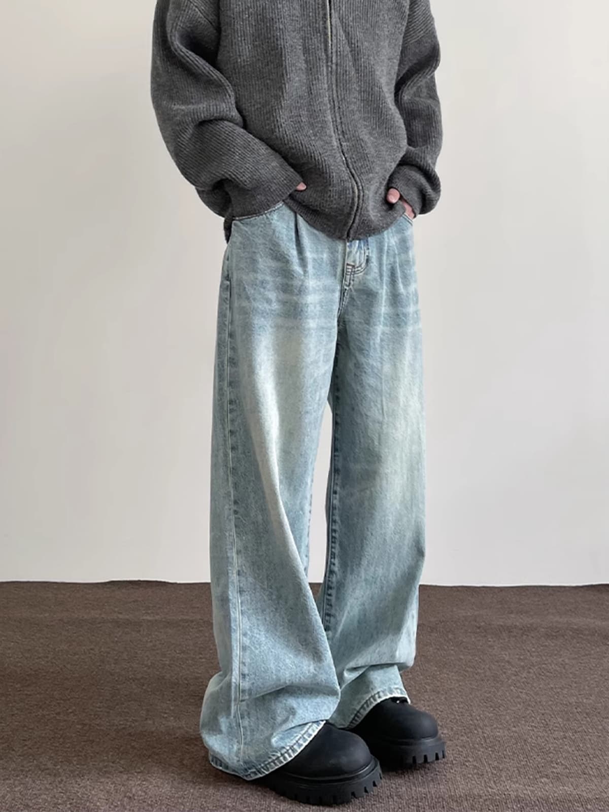 タックワイドパンツ ゆったりタック入りデニムパンツ