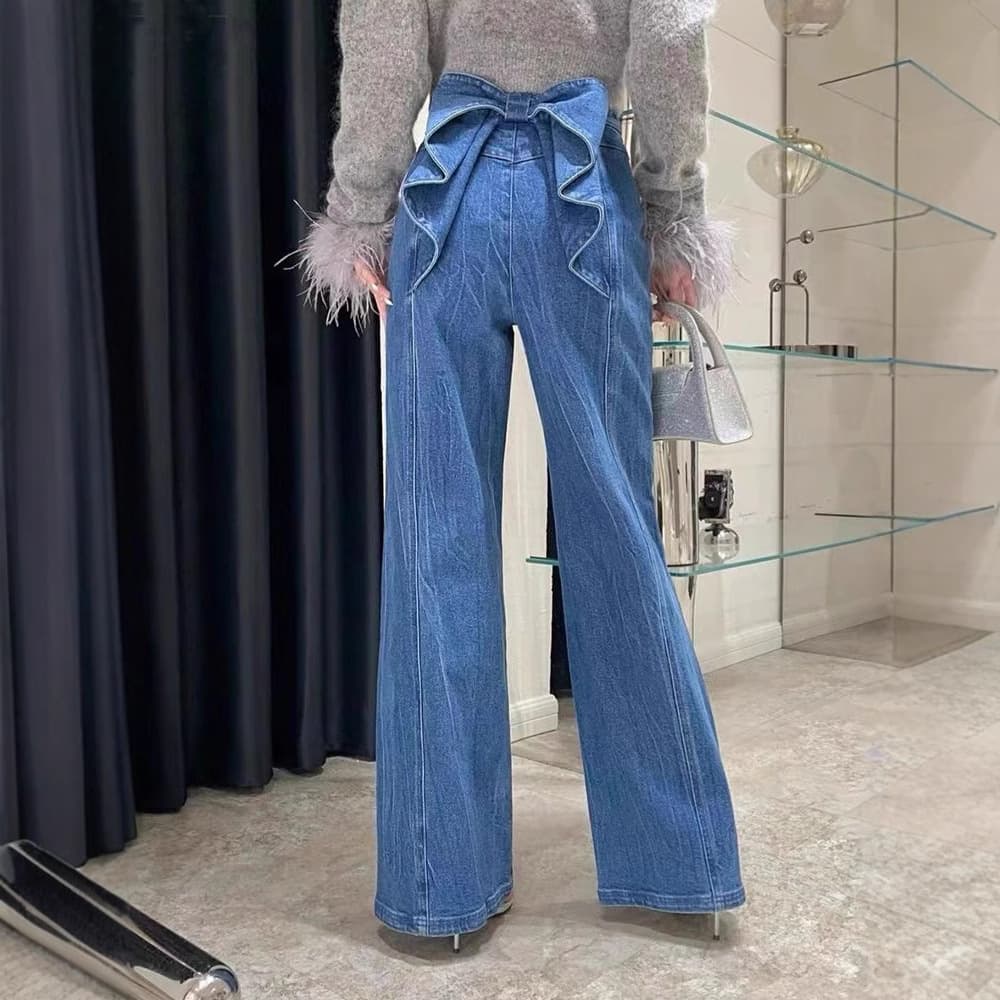 タックワイドパンツ バックリボンフレアデニムパンツ