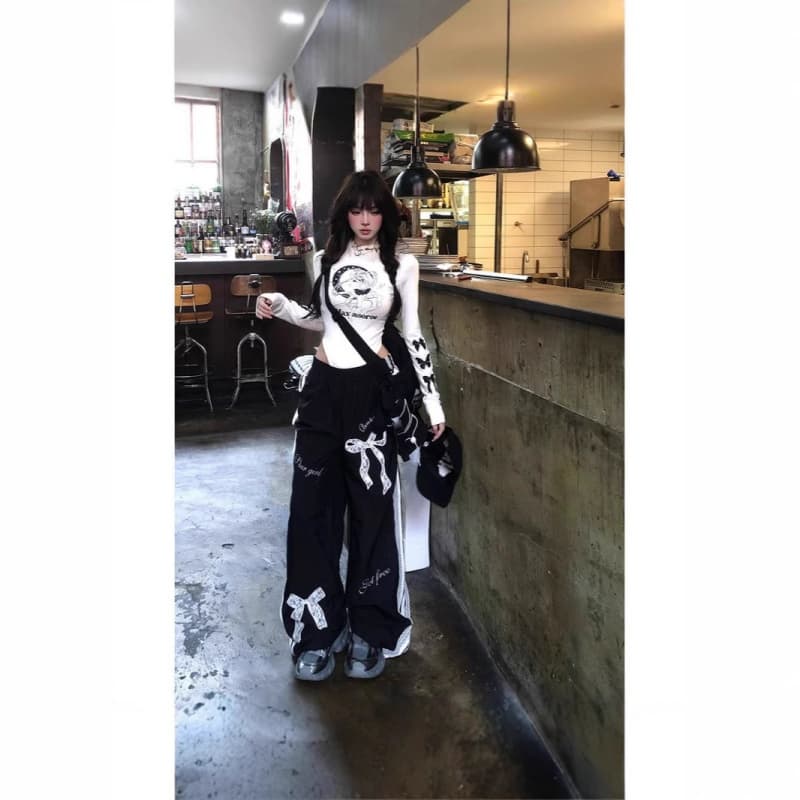 タックワイドパンツ リボン飾り ワイドデニム ストレートパンツ レディース