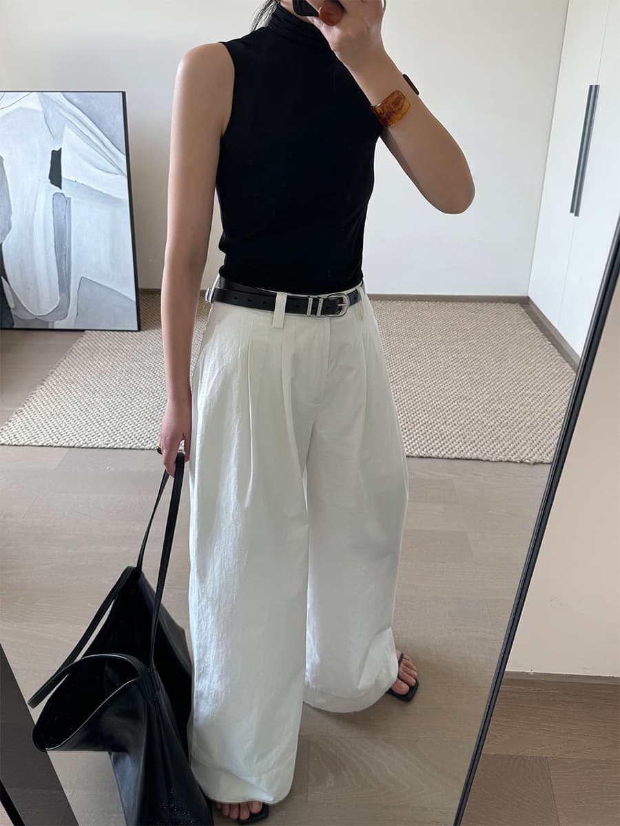 タックワイドパンツ 麻混フロントタックワイドパンツ
