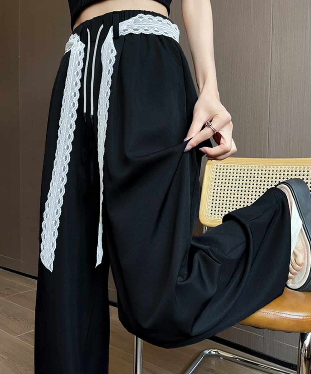 レースベルト付きタックワイドパンツ