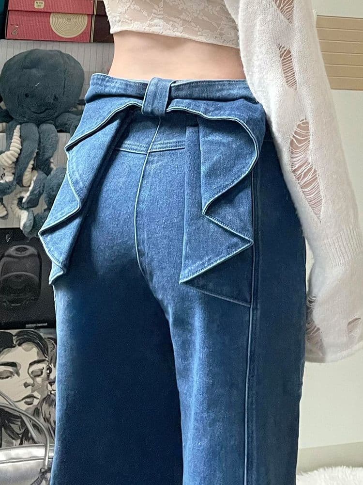 タックワイドパンツ バックリボンフレアデニムパンツ