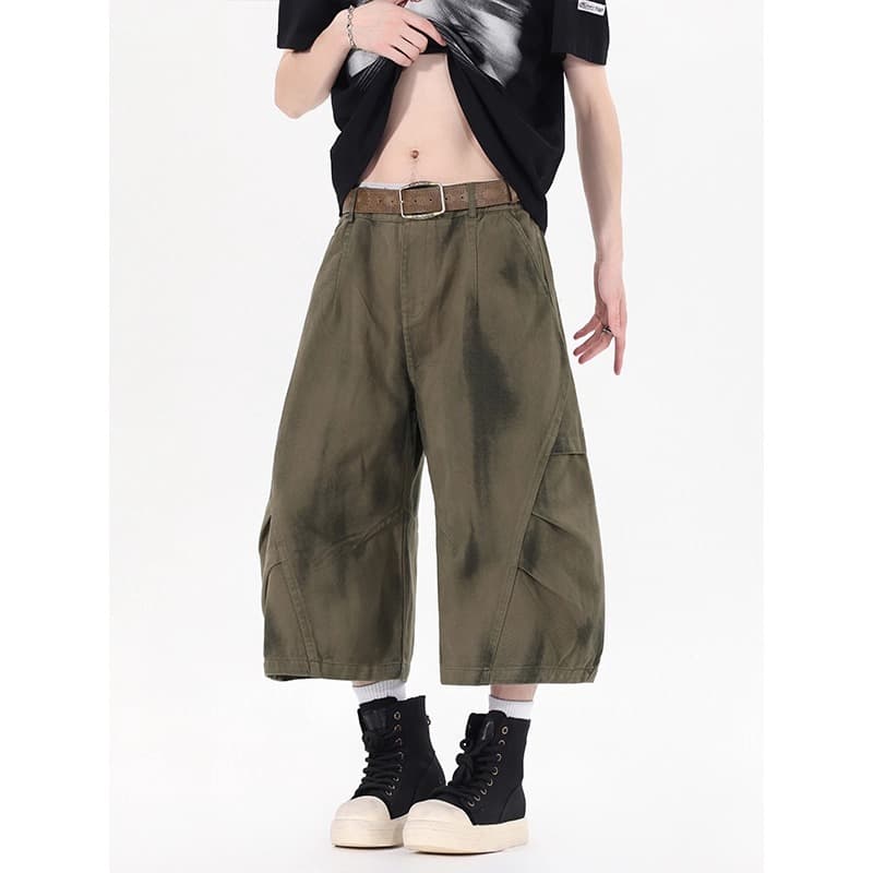タックワイドパンツ デニム風 ワイド カーゴパンツ 7分丈 メンズ