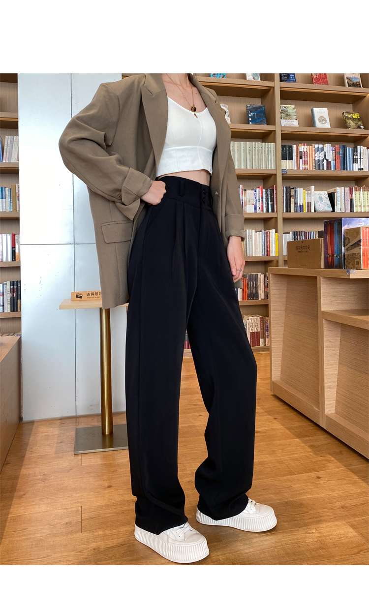 上品な二つボタンハイウエストワイドタック黒パンツ