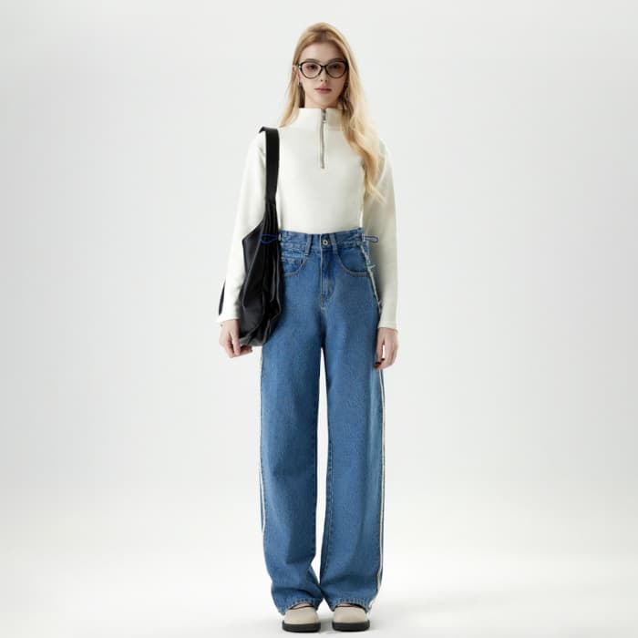 タックワイドパンツ 大人のワイドタックデニムパンツ