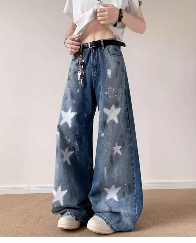 タックワイドパンツ 星柄デザイン ワイドデニム ダメージ加工 メンズジーンズ