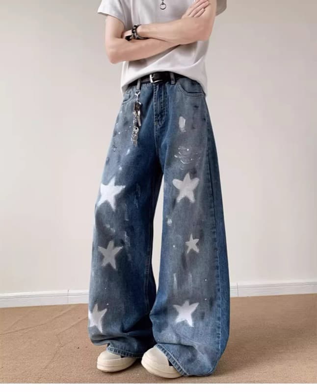 タックワイドパンツ 星柄デザイン ワイドデニム ダメージ加工 メンズジーンズ