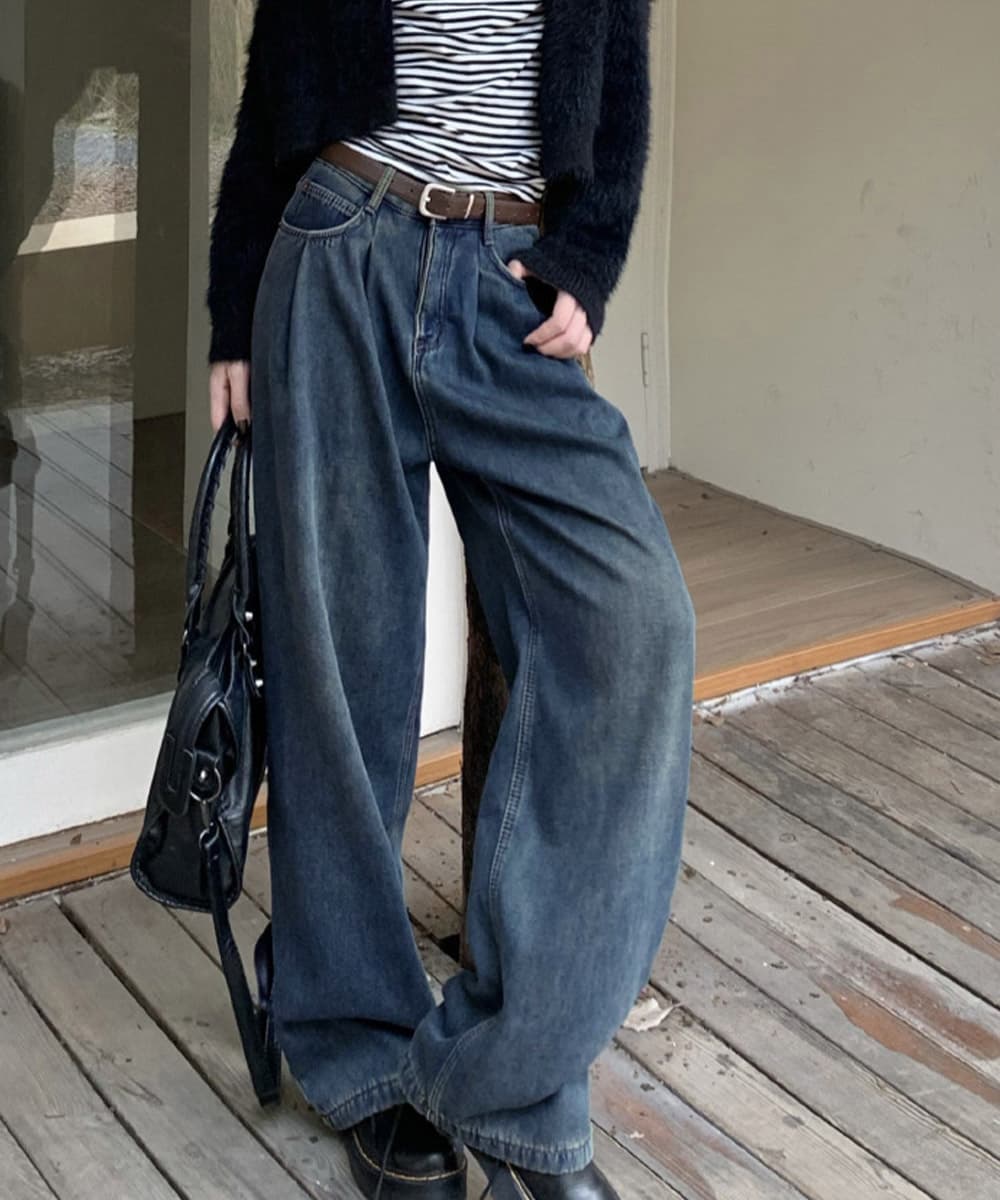 タックワイドパンツ タックワイドデニムパンツ レディース 韓国風 ゆったり美脚