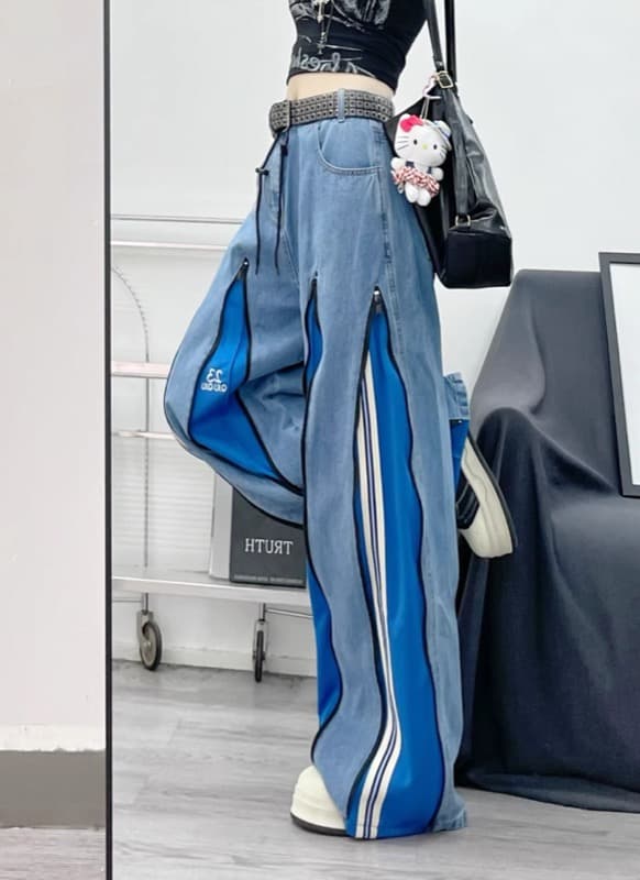 タックワイドパンツ バイカラーデニムワイドパンツ レディース