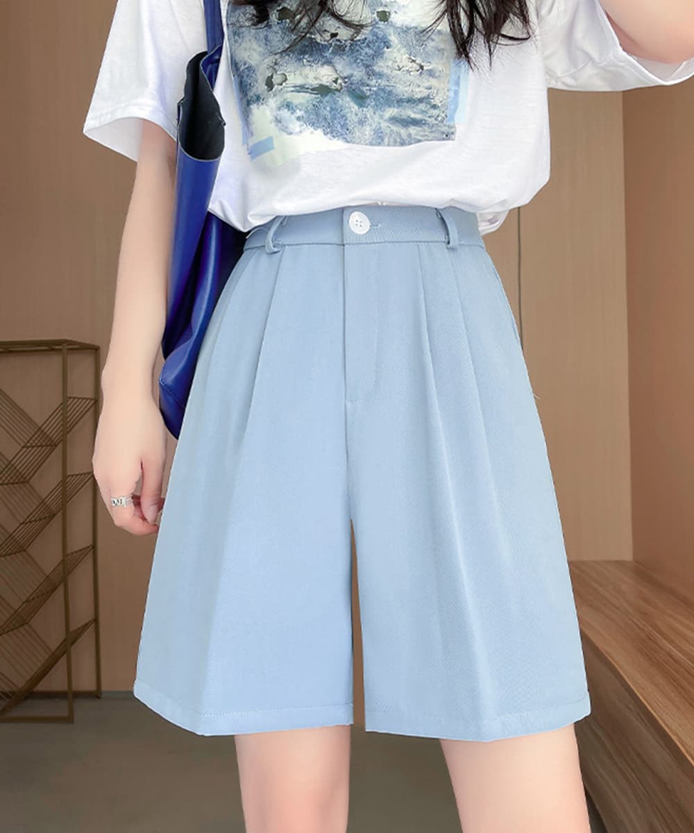 タックワイドパンツ 五分丈タックワイドショートパンツ レディース