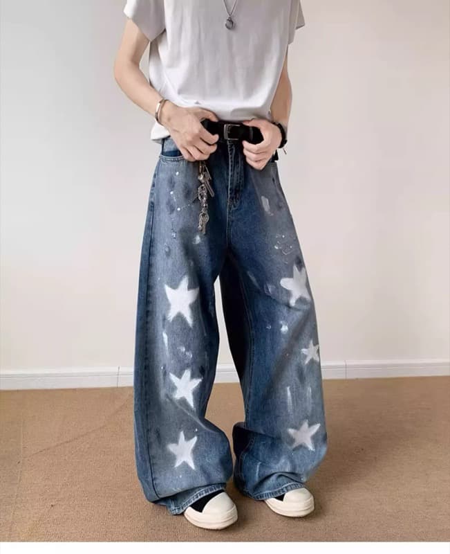 タックワイドパンツ 星柄デザイン ワイドデニム ダメージ加工 メンズジーンズ