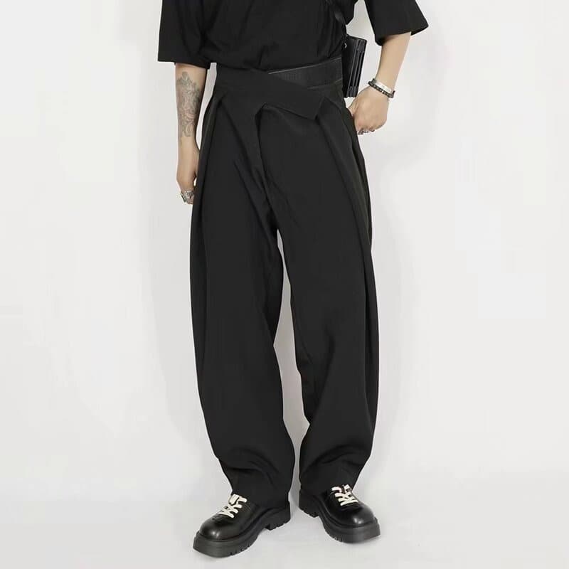 タックワイドパンツ 黒のゆったりサルエル袴パンツ メンズ