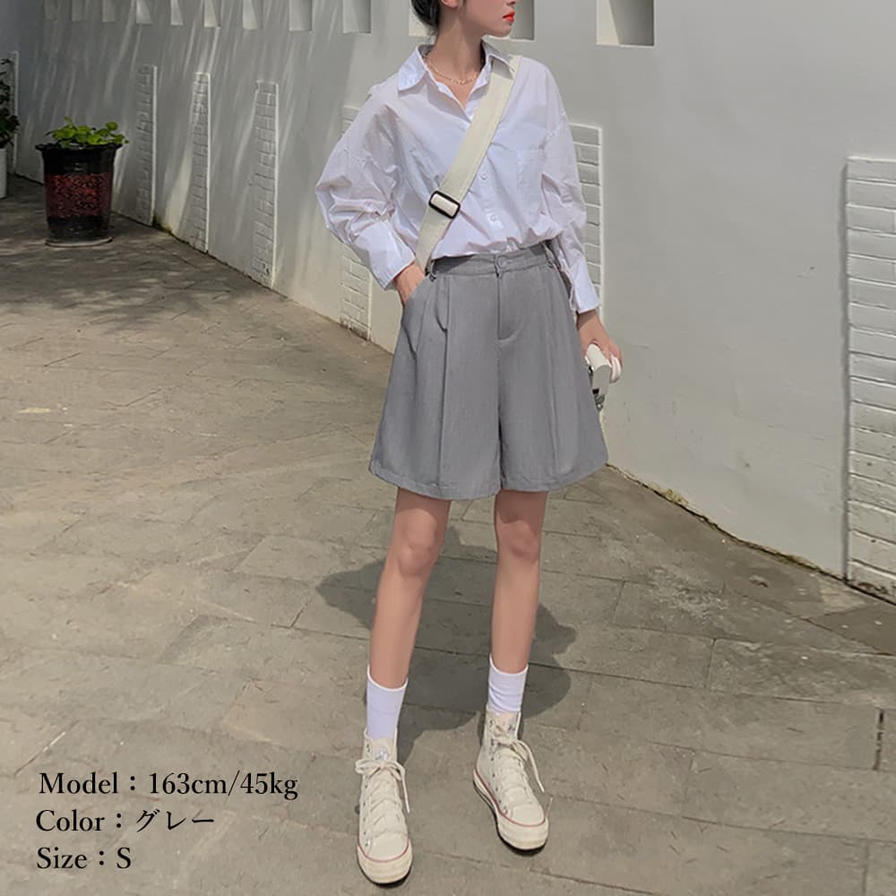 タックワイドパンツ 大人可愛いタック入りワイドハーフパンツ夏用